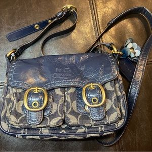 Coach Navy Crossbody Purse Canvas Leather Gold Flower Rare Blue Denim